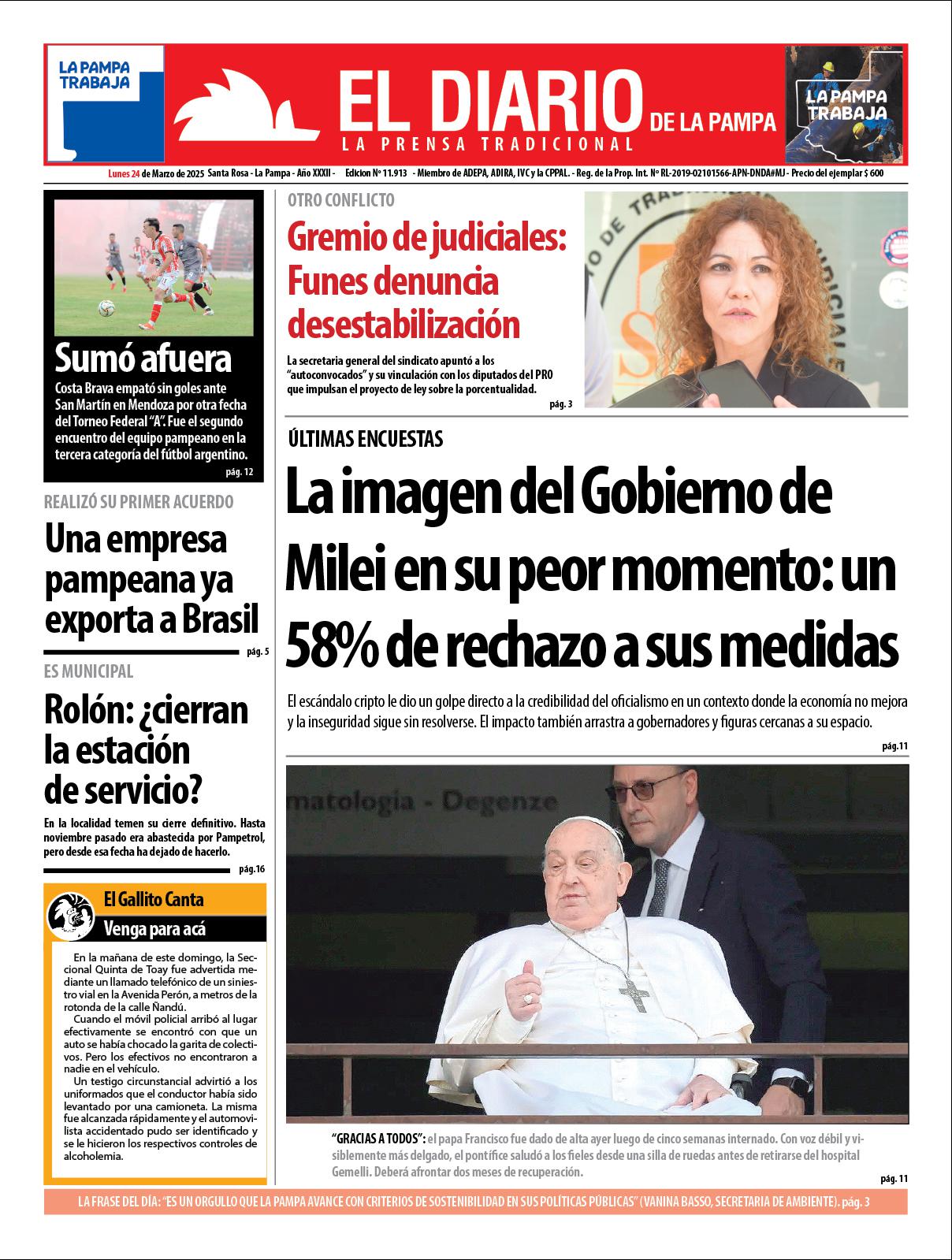 Tapa de El Diario en papel  lunes 24 de marzo de 2025